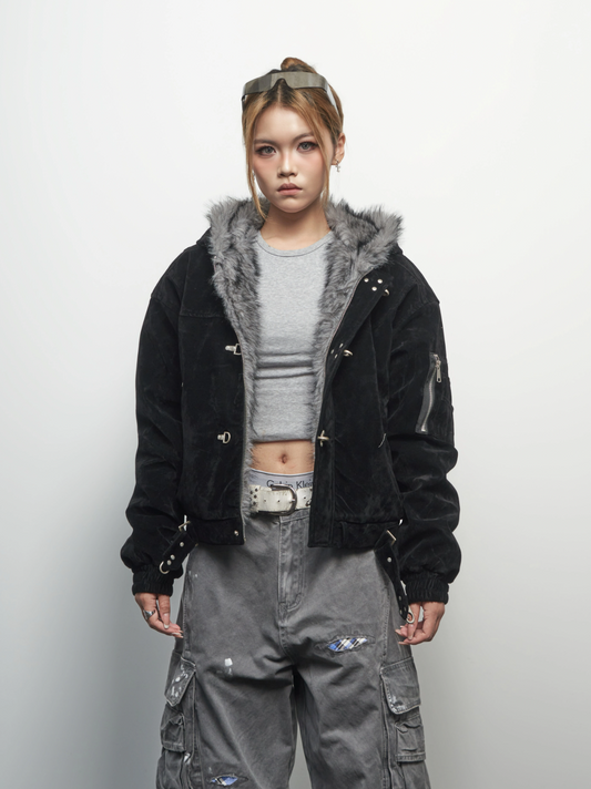 Clasped Hooded Fur Bomber