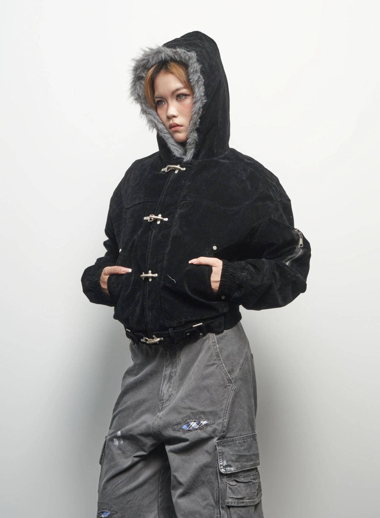 Clasped Hooded Fur Bomber